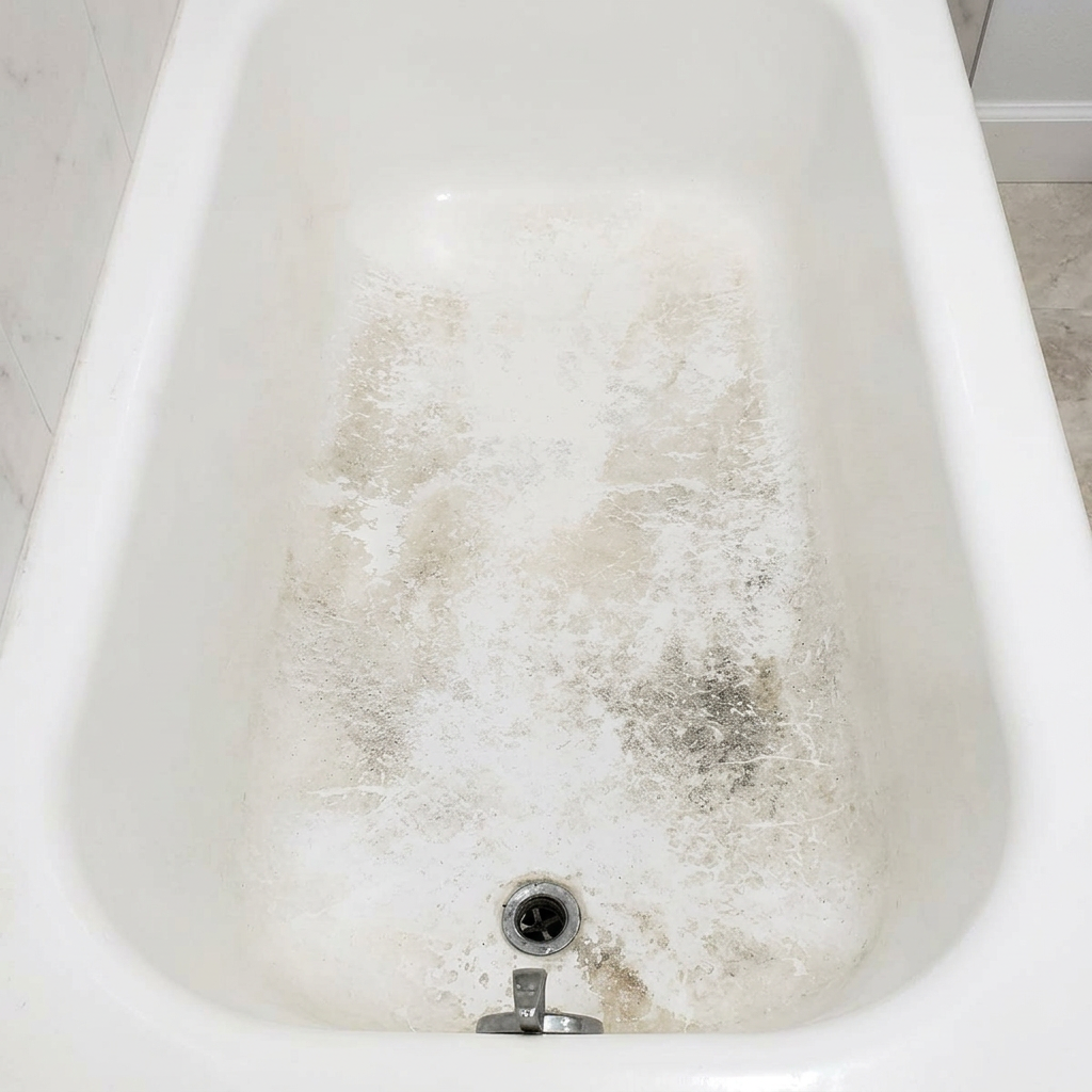 Stained, etched bathtub before ANEW reglazing