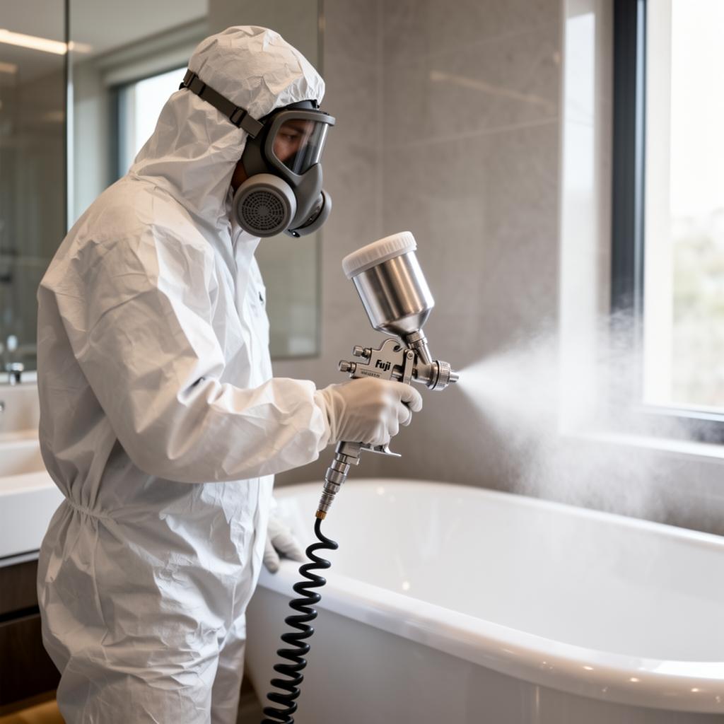 Spray application of refinishing coating